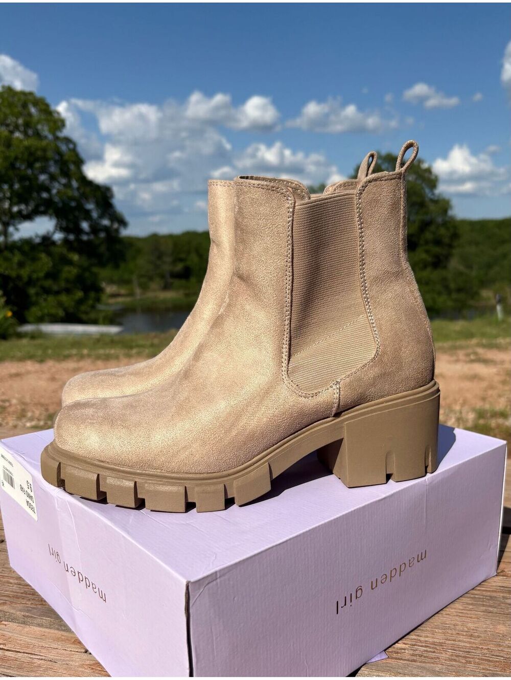 #54 madden girl new with box sand boot. size 9 1/2